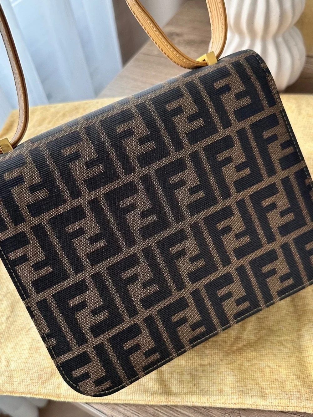 Fendi Brown FF Monogram Shoulder Bag with Tan Leather Strap